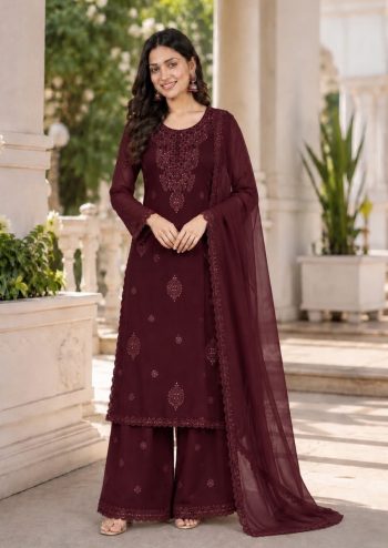 MODERN FAUX BLOOMING GEORGETTE EMBROIDERY WORK WITH 3MM SEQUENCE TOP PALAZZO WITH DUPATTA  BROWN