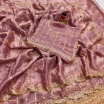 MODERN FENDY SATIN SILK SEQUENCE AND EMBROIDERY WORK  SAREE WITH UNSTITCHED BLOUSE PINK