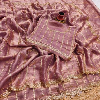 MODERN FENDY SATIN SILK SEQUENCE AND EMBROIDERY WORK  SAREE WITH UNSTITCHED BLOUSE PINK