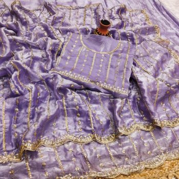 MODERN FENDY SATIN SILK SEQUENCE AND EMBROIDERY WORK  SAREE WITH UNSTITCHED BLOUSE LAVENDER