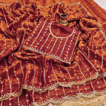 MODERN FENDY SATIN SILK SEQUENCE AND EMBROIDERY WORK  SAREE WITH UNSTITCHED BLOUSE DUSTY ROSE