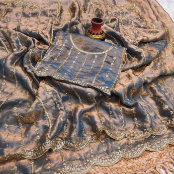 MODERN FENDY SATIN SILK SEQUENCE AND EMBROIDERY WORK  SAREE WITH UNSTITCHED BLOUSE GREY