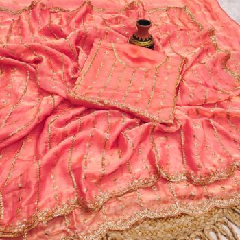 MODERN FENDY SATIN SILK SEQUENCE AND EMBROIDERY WORK  SAREE WITH UNSTITCHED BLOUSE PINK