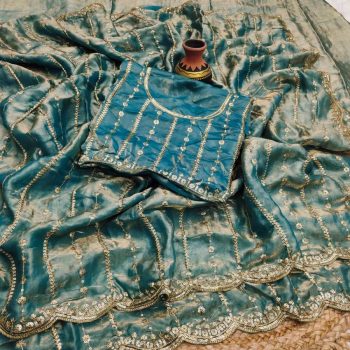 MODERN FENDY SATIN SILK SEQUENCE AND EMBROIDERY WORK  SAREE WITH UNSTITCHED BLOUSE SKY