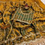 MODERN FENDY SATIN SILK SEQUENCE AND EMBROIDERY WORK  SAREE WITH UNSTITCHED BLOUSE MEHNDI