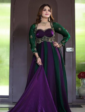 MODERN FENDY SILK SEQUENCE AND EMBROIDERY WORK GOWN WITH DUPATTA GREEN AND PURPLE