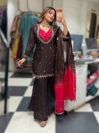 MODERN FRENCH CREPE REAL MIRROR WORK  TOP PALAZZO WITH DUPATTA WINE