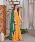 MODERN GEORGETTE BANDHEJ PRINT WITH FANCY LACE WITH HANGING LATKAN WORK KEDIYA STYLE TOP PALAZZO WITH DUPATTA YELLOW