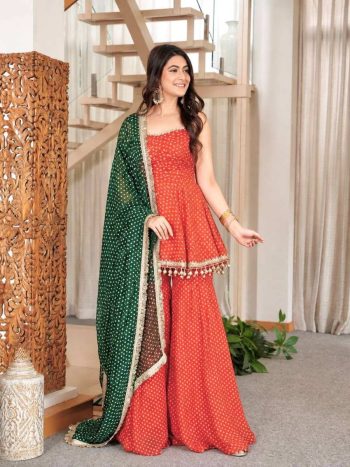 MODERN GEORGETTE BANDHEJ PRINT WITH FANCY LACE WITH HANGING LATKAN WORK KEDIYA STYLE TOP PALAZZO WITH DUPATTA ORANGE