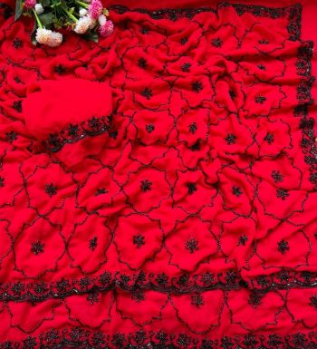 MODERN GEORGETTE BEADS WORK WITH CUT BORDER WORK SAREE WITH UNSTITCHED BLOUSE RED