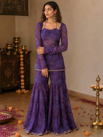 MODERN GEORGETTE DIGITAL PRINT AND READYMADE FANCY LACE WORK TOP SHARARA WITH DUPATTA PURPLE