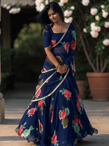 MODERN GEORGETTE DIGITAL PRINT WITH  LACE BORDER WORK LEHENGA SAREE WITH BLOUSE AND ATTACHED DUPATTA PURPLE