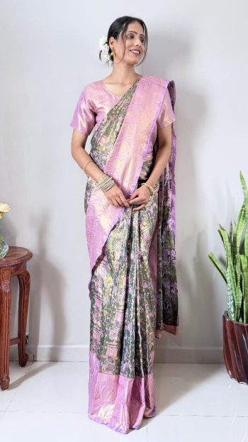 MODERN KAJIVARAM SILK WOVEN IN ZARI WORK GOWN SAREE PINK AND GREEN