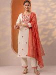 MODERN KHADI COTTON EMBROIDERY WORK TOP BOTTOM WITH DUPATTA ORANGE