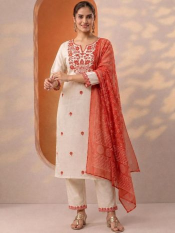 MODERN KHADI COTTON EMBROIDERY WORK TOP BOTTOM WITH DUPATTA ORANGE