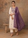 MODERN KHADI COTTON EMBROIDERY WORK TOP BOTTOM WITH DUPATTA PURPLE