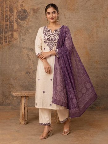 MODERN KHADI COTTON EMBROIDERY WORK TOP BOTTOM WITH DUPATTA PURPLE