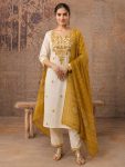 MODERN KHADI COTTON EMBROIDERY WORK TOP BOTTOM WITH DUPATTA YELLOW