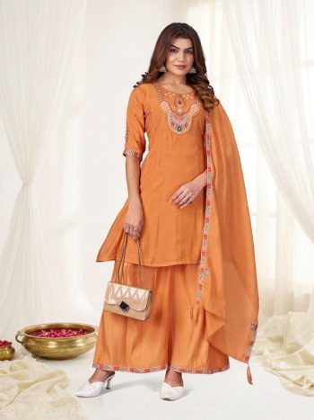 MODERN MAL CHANDERI MULTI EMBROIDERY THREAD WITH REAL HAND WORK TOP PALAZZO WITH DUPATTA  ORANGE