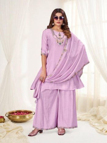 MODERN MAL CHANDERI MULTI EMBROIDERY THREAD WITH REAL HAND WORK TOP PALAZZO WITH DUPATTA  LAVENDER