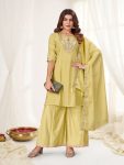 MODERN MAL CHANDERI MULTI EMBROIDERY THREAD WITH REAL HAND WORK TOP PALAZZO WITH DUPATTA  LIGHT YELLOW
