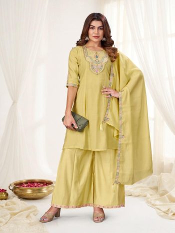MODERN MAL CHANDERI MULTI EMBROIDERY THREAD WITH REAL HAND WORK TOP PALAZZO WITH DUPATTA  LIGHT YELLOW