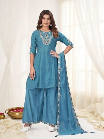 MODERN MAL CHANDERI MULTI EMBROIDERY THREAD WITH REAL HAND WORK TOP PALAZZO WITH DUPATTA  RAMA