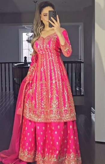 MODERN MALAI SATIN EMBROIDERY SEQUENCE WORK  TOP PALAZZO WITH DUPATTA PINK