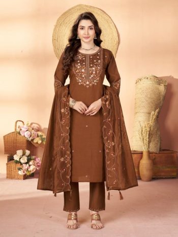 MODERN MARINA SILK MULTI EMBROIDERY THREAD WITH HAND WORK TOP BOTTOM WITH DUPATTA CHIKU