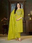 MODERN MARINA SILK MULTI EMBROIDERY THREAD WITH HAND WORK TOP BOTTOM WITH DUPATTA PARROT GREEN