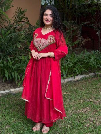 MODERN MUL CHANDERI EMBROIDERY  SEQUENCE &CODING DORI WITH HAND-WORK  ANARKALI BOTTOM WITH DUPATTA RANI