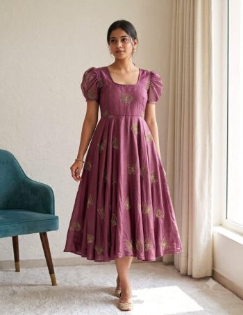 MODERN RANGOLI SILK BEADS SEQUENCE WORK  ONE PIECE DRESS DUSTY ROSE