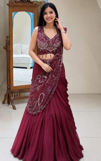 MODERN RANGOLI SILK EMBROIDEY SEQUENCE WORK LEHENGA SAREE WITH ATTACHED DUPATTA AND BLOUSE WINE