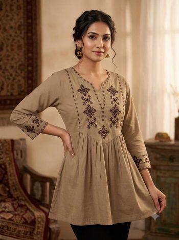 MODERN RAYON 17 KG CROSS-STITCH EMBROIDERY WORK TUNIC TOP CHIKU