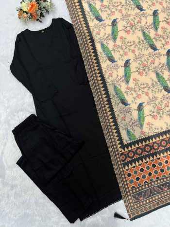 MODERN RAYON MINIMAL LACE  WORK TOP BOTTOM WITH DUPATTA BLACK AND CREAM