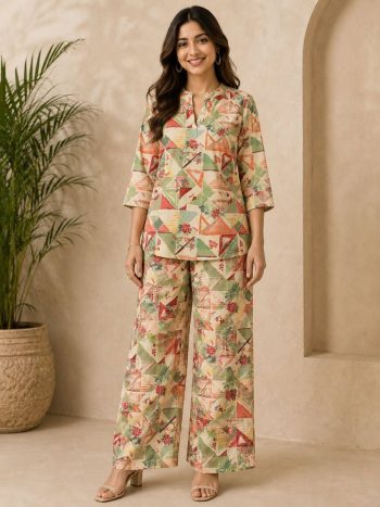MODERN RAYON SLUB DIGITAL PRINT WORK CO-ORD SET YELLOW