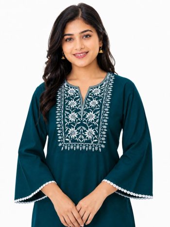 MODERN RAYON SLUB EMBROIDERY WORK SHORT KURTI TEAL