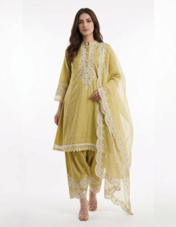 MODERN ROMAN EMBROIDERY WITH GOP LACE WORK TOP PATIYALA WITH DUPATTA LIGHT YELLOW