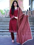 MODERN ROMAN GLASS EMBROIDERY BEADS WITH SEQUENCE WORK AND NECK MIRROR HANDWORK TOP BOTTOM WITH DUPATTA MAROON