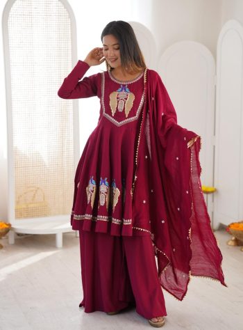 MODERN ROMAN SILK EMBROIDERY SEQUENCE WORK  TOP PALAZZO WITH DUPATTA WINE