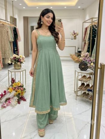 MODERN SALSA CRUSH SILK EMBROIDERY CODING WORK WITH REAL MIRROR LACE WORK TOP PALAZZO SET MINT