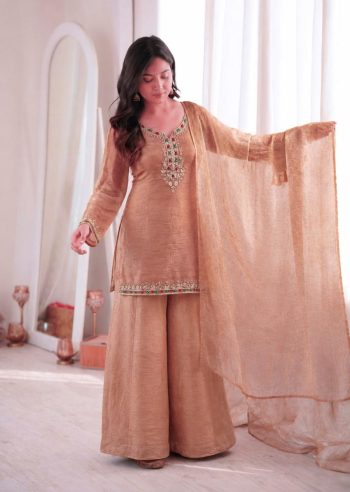 MODERN SALSA SILK EMBROIDERY SEQUENCE WORK WITH KUNDAN WORK TOP PALAZZO WITH DUPATTA CREAM