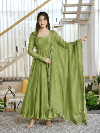 MODERN SALSA SILK FOIL WORK GOWN BOTTOM WITH DUPATTA GREEN