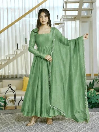 MODERN SALSA SILK FOIL WORK GOWN BOTTOM WITH DUPATTA GREEN