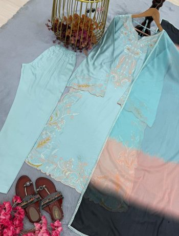 MODERN SATIN RAYON EMBROIDERY WORK WITH CUTWORK  TOP BOTTOM WITH DUPATTA SKY