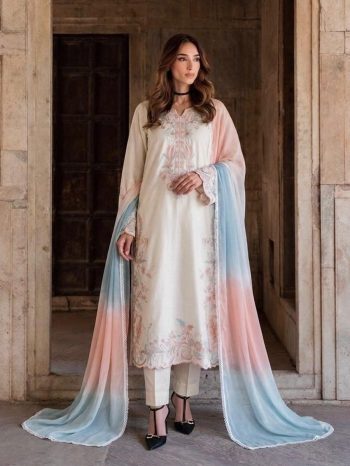 MODERN SATIN RAYON EMBROIDERY WORK WITH CUTWORK  TOP BOTTOM WITH DUPATTA OFF WHITE