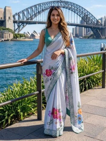 MODERN SATIN SILK DIGITAL PRINT WITH EMBROIDERY WORK LACE BORDER SAREE WITH UNSTITCHED BLOUSE GREY