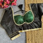 MODERN SATIN SILK FANCY LACE WORK STITCHED BLOUSE BLACK AND GREEN