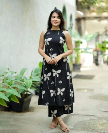 MODERN SLUB COTTON PRINTED WORK TOP BOTTOM SET BLACK