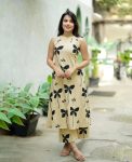 MODERN SLUB COTTON PRINTED WORK TOP BOTTOM SET CREAM